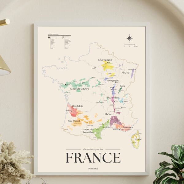 Affiche de la carte de France des vins dans un cadre